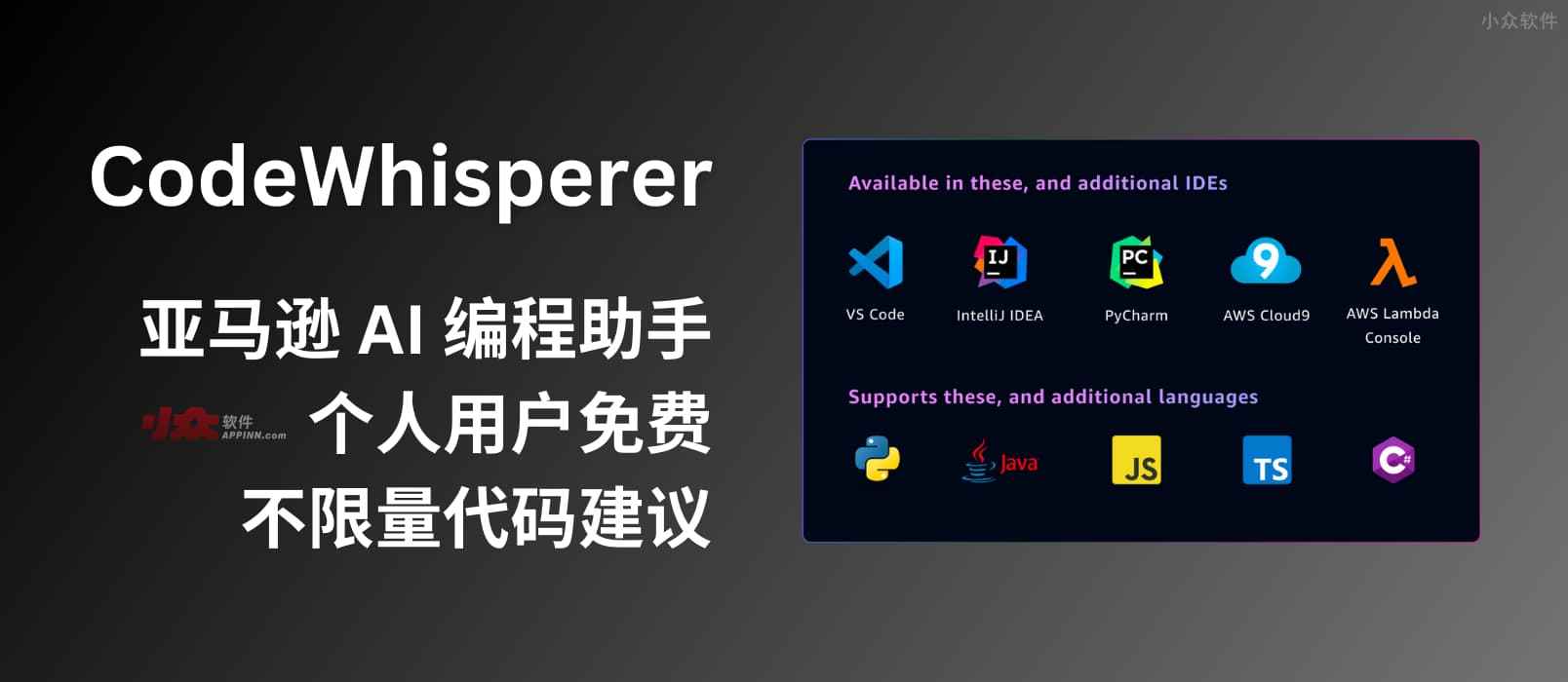 亚马逊 AI 编程助手 CodeWhisperer 免费对个人用户开放，提供不限量的代码建议，类似 GitHub Copilot